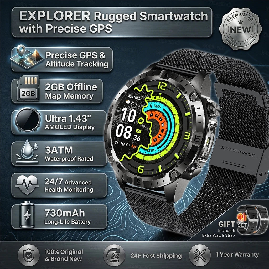 GPS Sports Smartwatch Men Women Swim Waterproof Fitness Tracker 2GB Memory Offline Maps  SpO2 Rugged Outdoor Smartwatch for Men