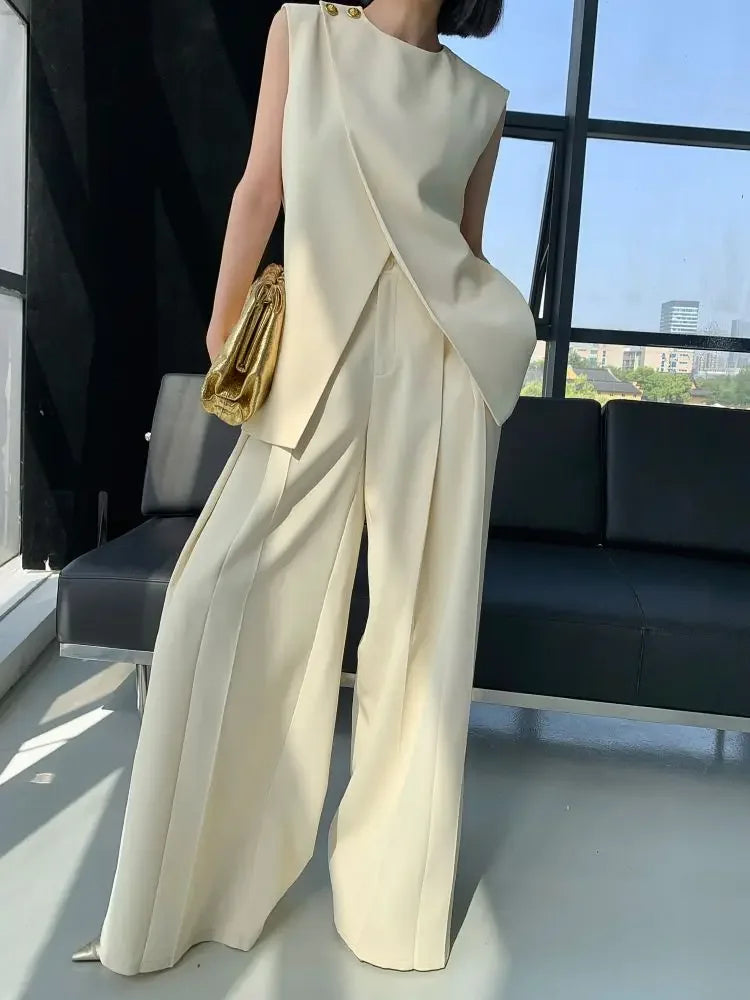 Beige two-piece suit women's summer 2024 new irregular fashion sleeveless vest top high waist wide-leg pants suit