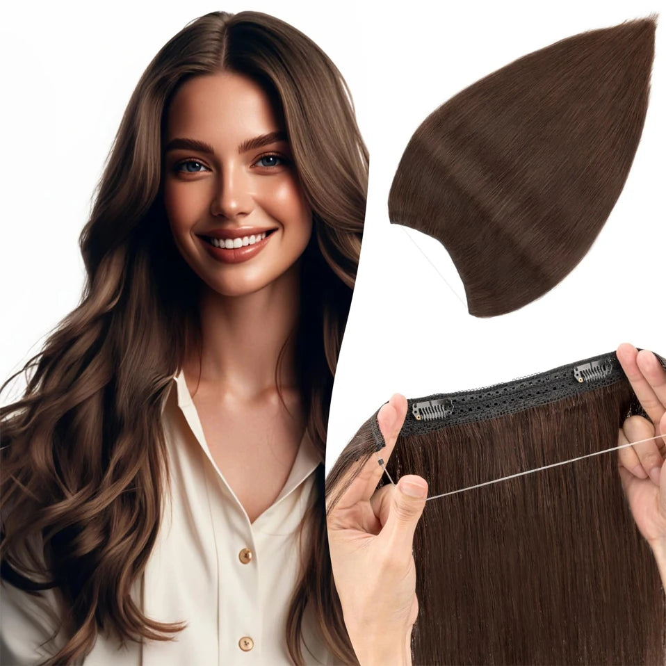 TESS Wire Hair Extensions Invisible Straight Wire Remy Human Hair Extensions with Transparent Line Clip In Hair Weft For Women