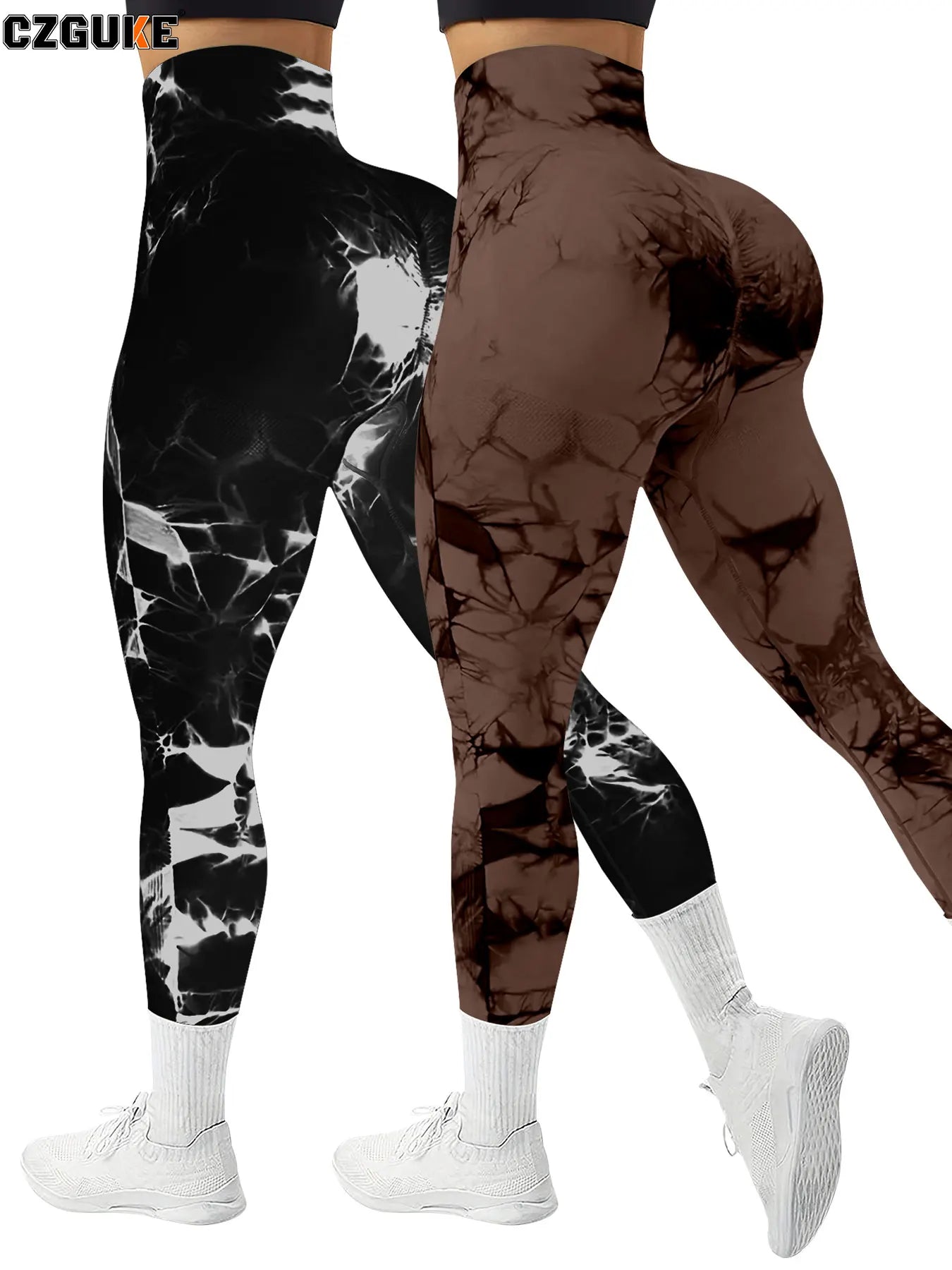 CZGUKE 2-piece women's tie dye pants sports leggings seamless high waisted push ups women's fitness and exercise clothes
