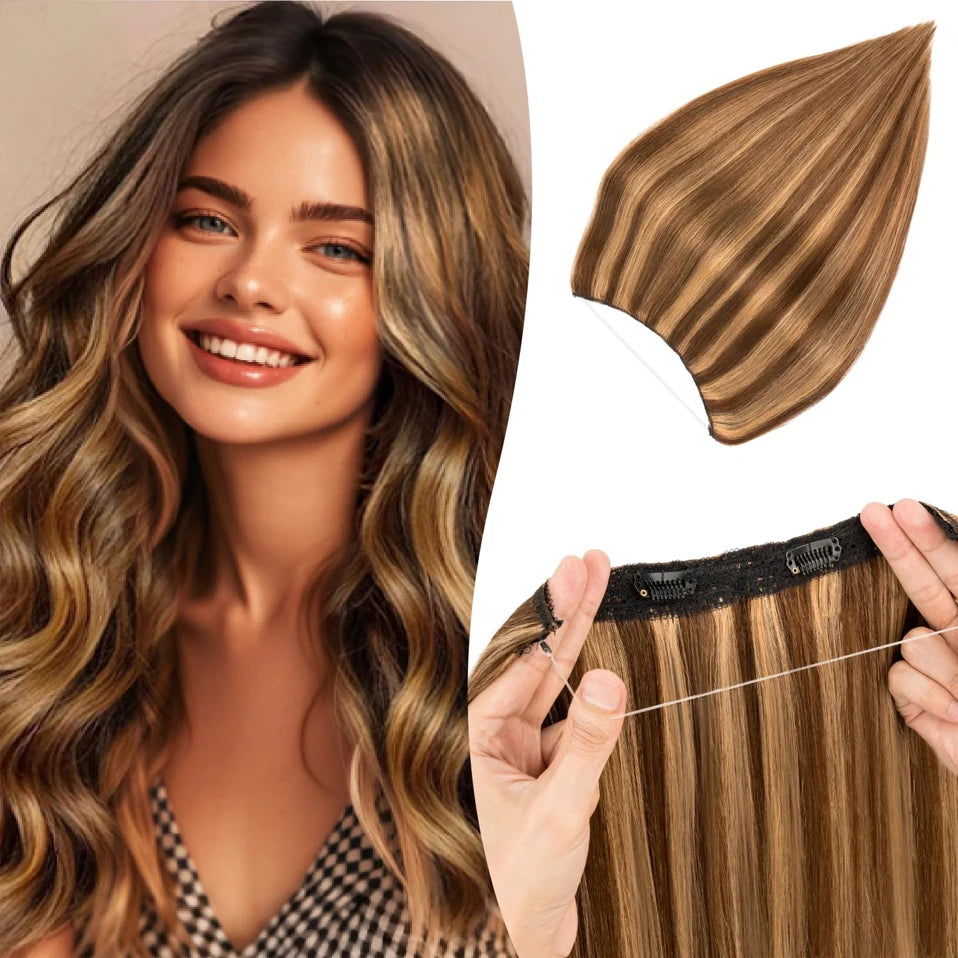 TESS Wire Hair Extensions Invisible Straight Wire Remy Human Hair Extensions with Transparent Line Clip In Hair Weft For Women