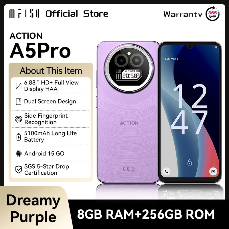 IIIF150 Action A5Pro Phone Android 15 Go Smartphone 12GB RAM 256GB ROM 6.8inch HD+ HAA Display Dual Screen Design 5100mAh Batter