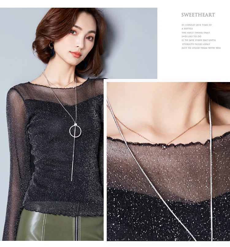 Glitter Mesh Blouse Sexy Womens Shirts Long Sleeve Tops Korean Black Pink O-Neck Elegant Slim Blouse Camisas Femininas