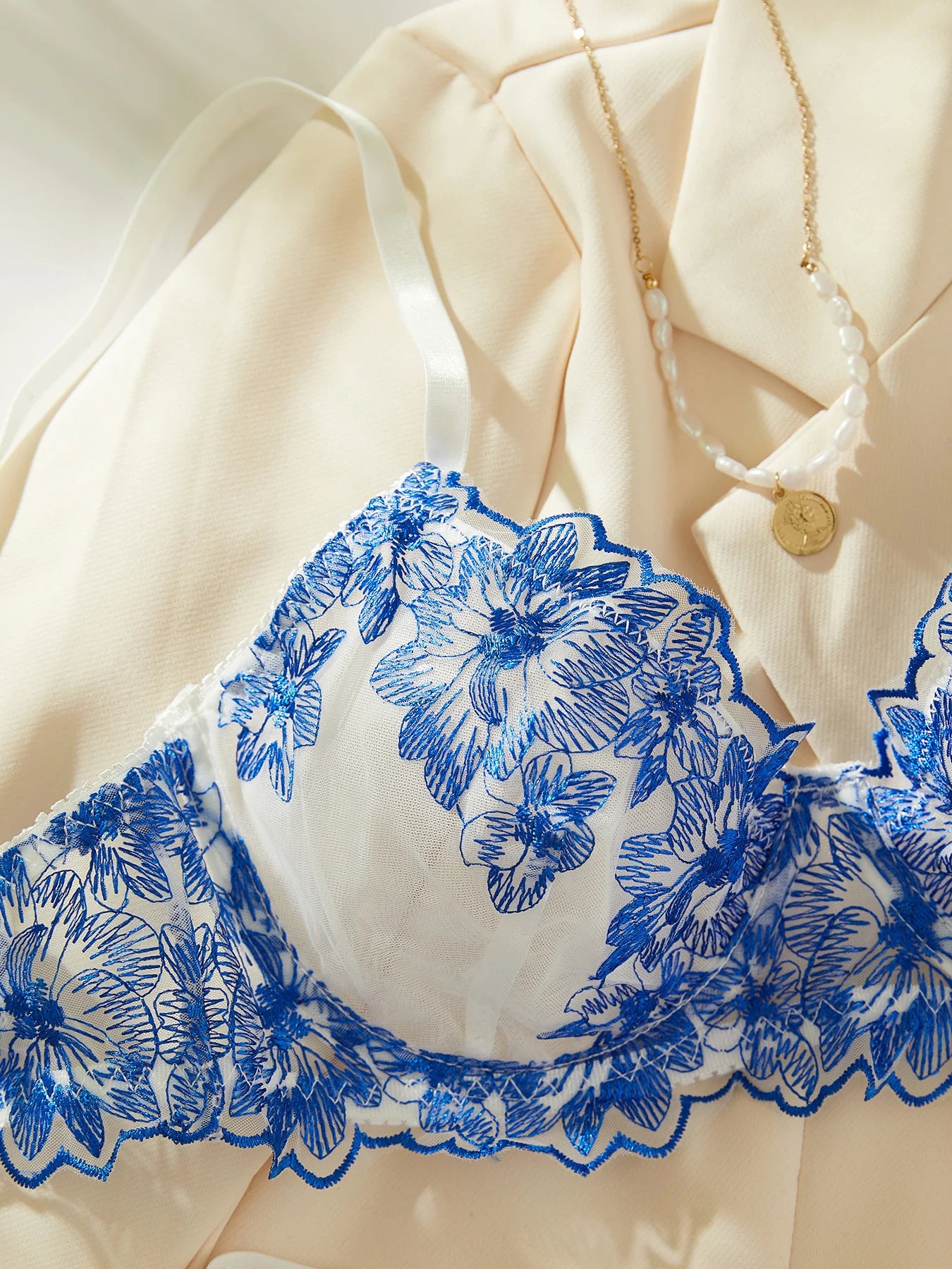 Blue Lingerie Set Lace Embroidery Bra Panty 2Piece Sheer Tulle Fantasy Underwear for Women