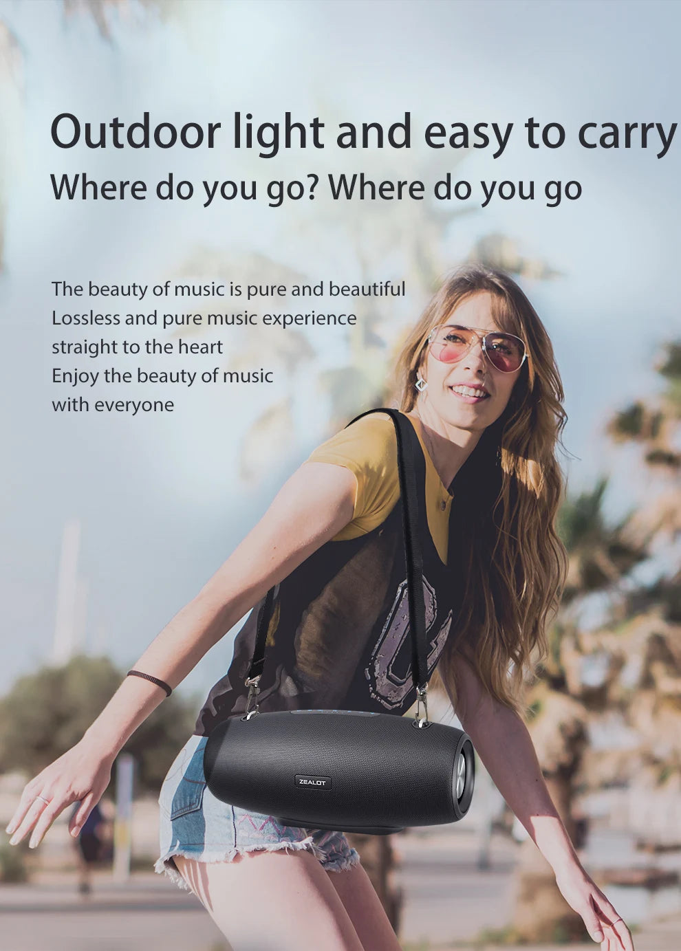 ZEALOT S67 Portable Bluetooth loudspeaker with Shoulder belt Outdoor Waterproof Stereo Sound Strong Bass 40H Playback