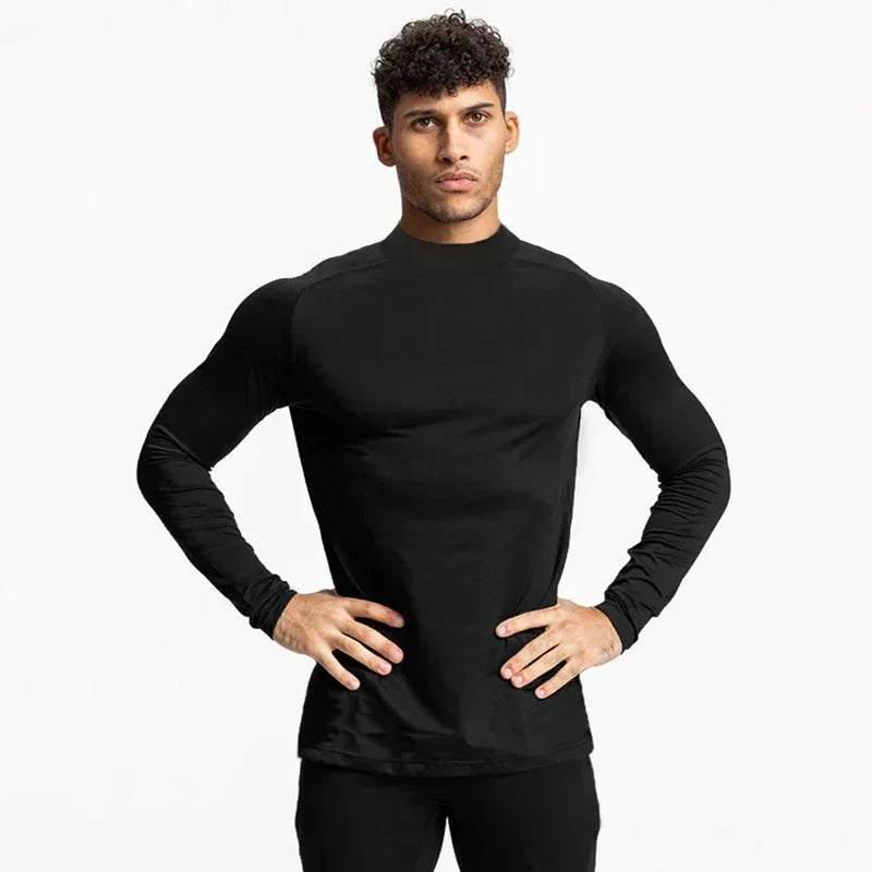 Plain Tight Absorb Sweat Elastic Shirts Gym Bodybuilding Fitness Turtleneck T-shirts Mens Long Sleeve Quick Dry Autumn Clothing
