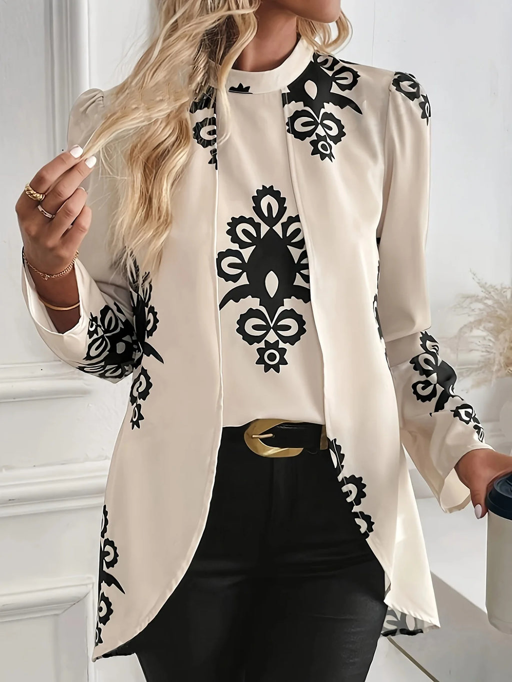 2026 Fashion Long Sleeve Print Blouses Women Spring Elegant Office Ladies Tops Femme Fake Two Pieces Blouse Shirts Women's Top