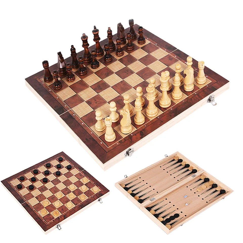 3 in 1 Wooden Chess Backgammon Checkers Travel Games Chess Set Board Draughts Entertainment Christmas Gift