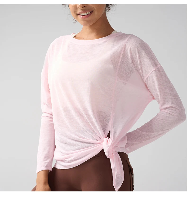 Fashion Women's Breathable Loose Quick Drying Long Sleeve Yoga Shirts Slimming Side Slits Leisure Running Fitness Cycling Tops