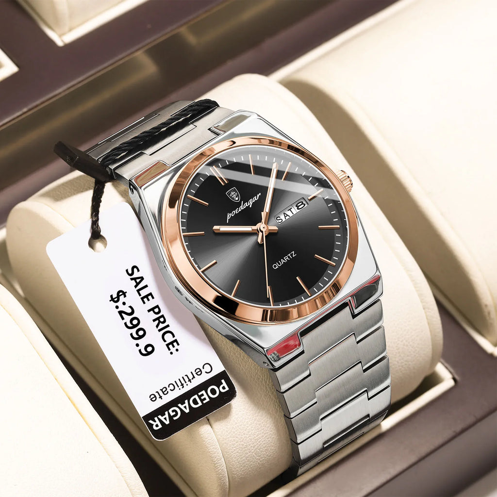 POEDAGAR Luxury Men's Watches Waterproof Luminous Date Week Men Watch Stainless Steel Casual Fashion Quartz Man Wristwatch Reloj