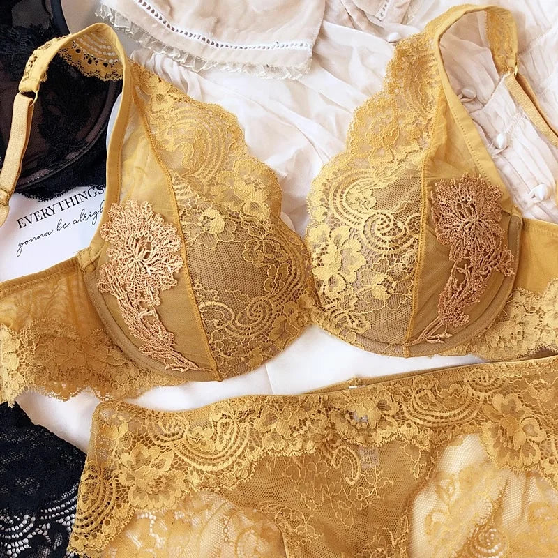Full Lace Thin Cup Comfortable Young Girls Fashion Intimates, Wire Free Seamless Lingerie For Women Sexy Underwear Bra Pants