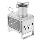 Portable Camping Wood Stove, Mini Stainless Steel Fire Pit for Outdoor Cooking, Hiking, BBQ, with Glass Window & Airflow Vents