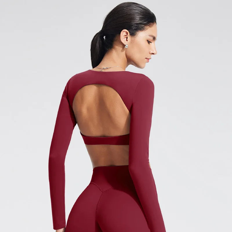 NCLAGEN Yoga Top With Built-in Bra Long-sleeve Women's Gym Clothes Backless Workout Tee High Elastic Breathable Fitness Shirt