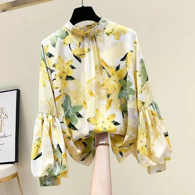 Yellow Floral Printing Chiffon Stand Collar Lantern Sleeve Pullover Women's Blouse Shirt Casual Female Clothing Tops Fashion Main image