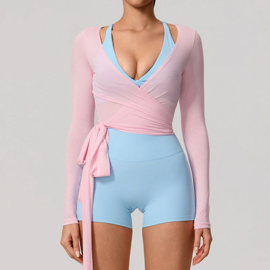 New Summer Women's Yoga Long Sleeve One Piece Strap Yoga Clothing Female Training Premium Ballet Wrap TopsWoman Gym Sports Top