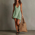 Women's Tassel Cami Tops Mini Dress Fashion V Neck Spaghetti Strap Camisole Asymmetrical Hem Flowy Long Lace Tank Slip Dresses