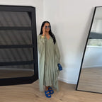 Maxi Dress Women's Dresses Batwing Sleeve Beige Ruffle Tie Neck Pleated Oversized Woman Clothes Casual Wear Summer Outfit