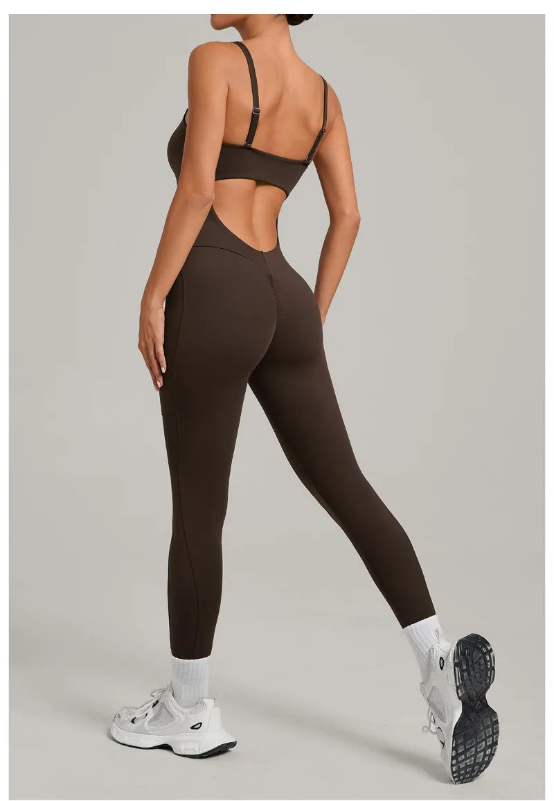 Women's Yoga Jumpsuits Sports Fitness One-piece Beauty Back Strap Pocket Hip-lifting Slim Fit Running Workout Training Bodysuits