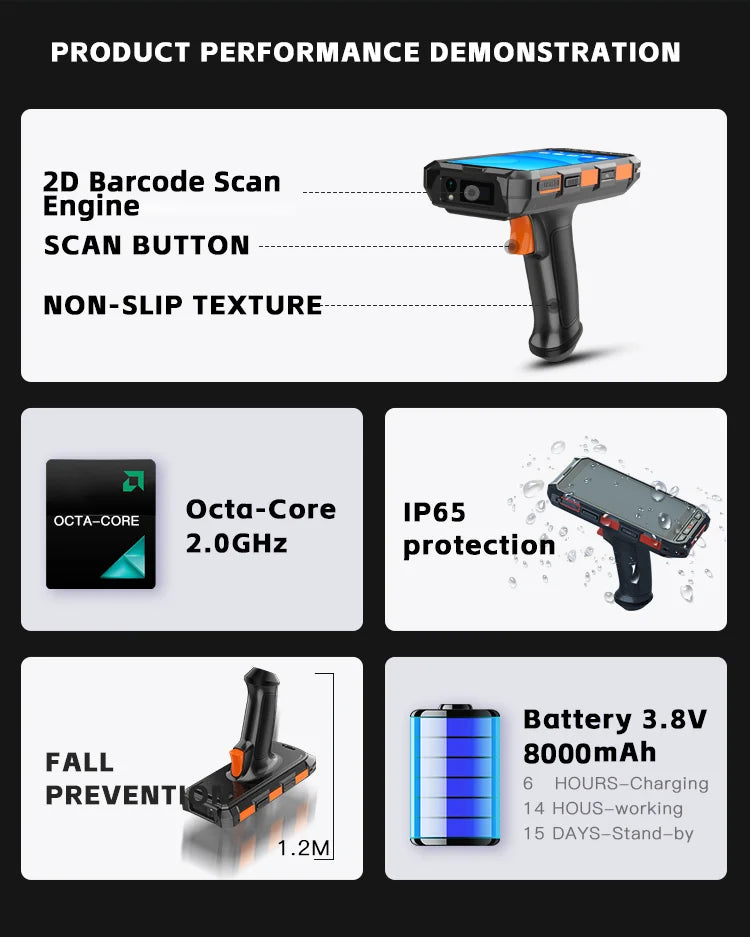 5.5inch Portable Handgrip Android 13 PDAS Rfid Reader Scanner Rug Handheld Barcode Scanner with 8000mah 64g Octa Core WiFi NFC