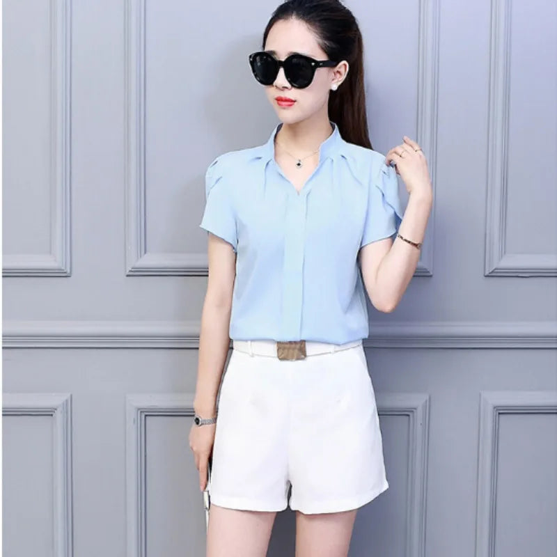 Women Casual Chiffon Shirt Summer Short Sleeve Elegant Blouse Female Formal Office Chiffon Tops Solid Color Loose Tops Secondary image