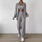 Plus Size Casual Loose Two-Piece Set Wide Leg Pants Long Sleeve Shirt Light Beige Street Style Elegant Quality Polyester Summ...