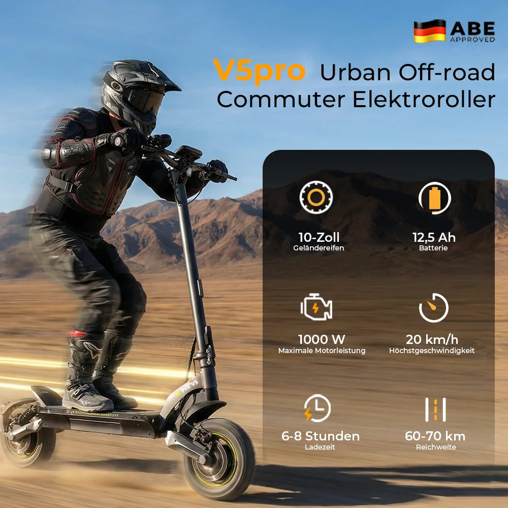 V5Pro Offroad E Scooter 10 Zoll ABE zertifiziert 500W 48V12.5Ah Geländereifen Dual Federung E Bremse Voltix APP Deutschland