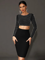 Sexy O Neck Long Sleeve Mesh Pearl Beige Black Celebrity Midi Women Bandage Set 2024 Designer Evening Party Women's Set
