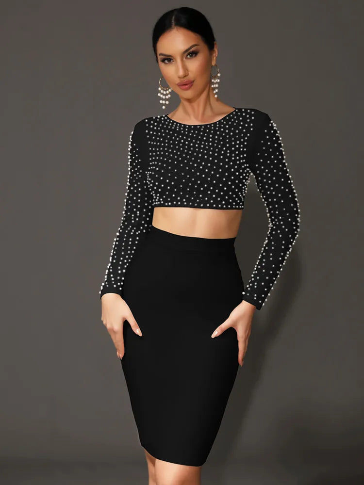 Sexy O Neck Long Sleeve Mesh Pearl Beige Black Celebrity Midi Women Bandage Set 2024 Designer Evening Party Women's Set