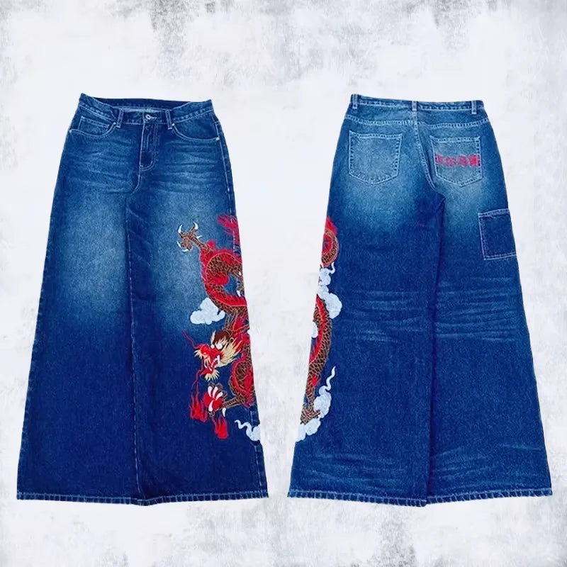 Y2K Black Washed Embroidered High-waisted Oversized Jeans Men European and American Retro Classic Loose Wide-leg Straight Pants