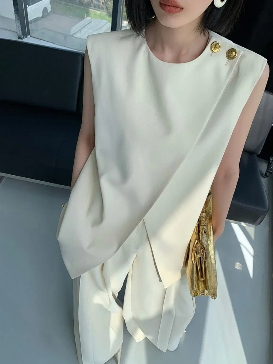 Beige two-piece suit women's summer 2024 new irregular fashion sleeveless vest top high waist wide-leg pants suit