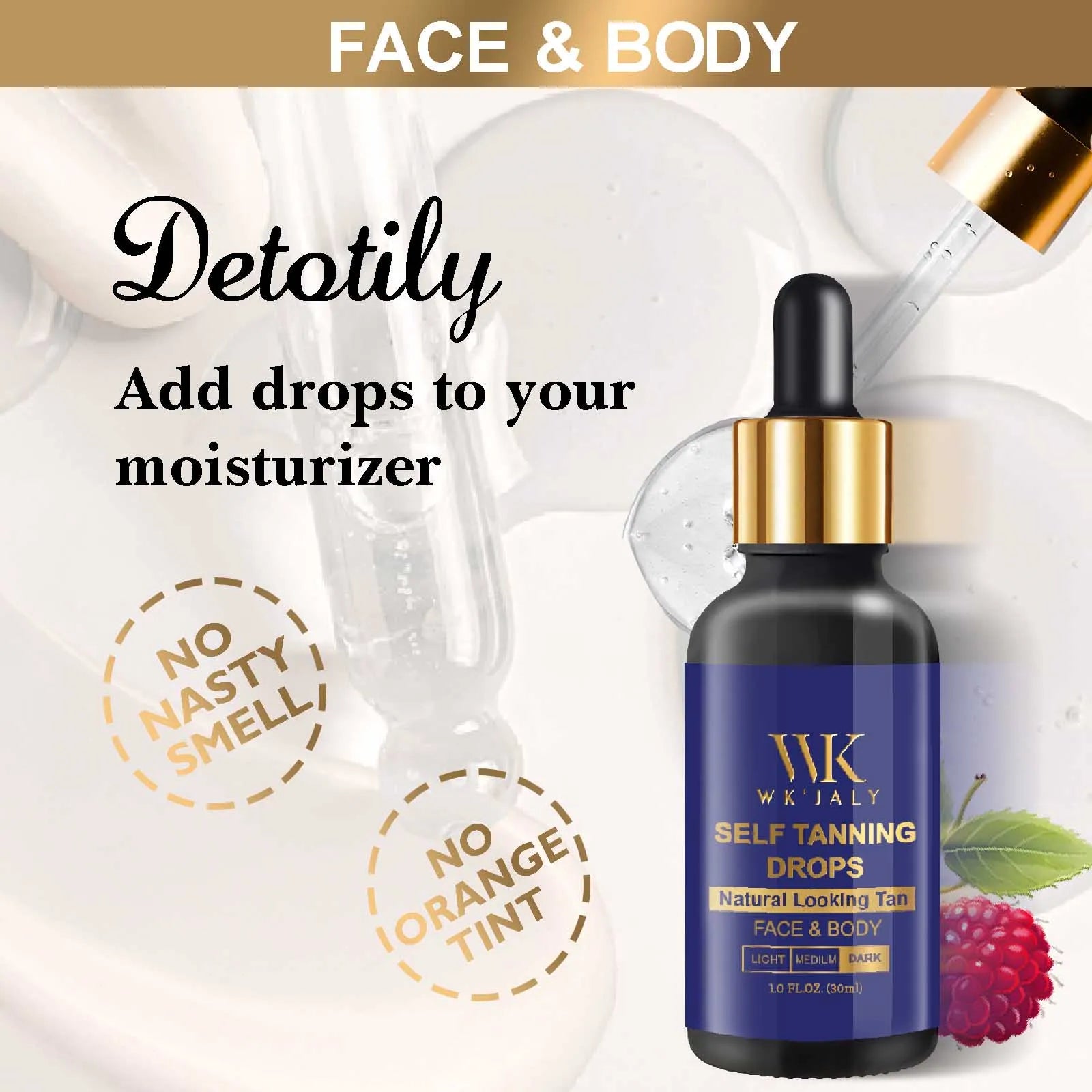 WK JALY Dark Self Tan Drops, Natural Self Tanner, Face & Body Glow with DHA, Carrot Oil, Aloe, Buildable, Streak Free Tan, Vegan Main image