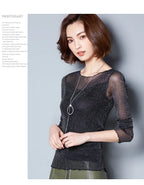 Glitter Mesh Blouse Sexy Womens Shirts Long Sleeve Tops Korean Black Pink O-Neck Elegant Slim Blouse Camisas Femininas