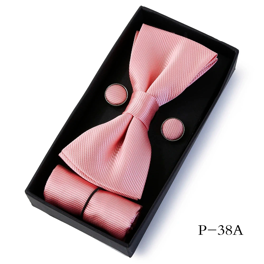 HUISHI Classic Black Bowtie Bow Ties For Mens Butterfly Bowknot Pocket Square Cufflinks Suit Set Bussiness Accessories Gift Box