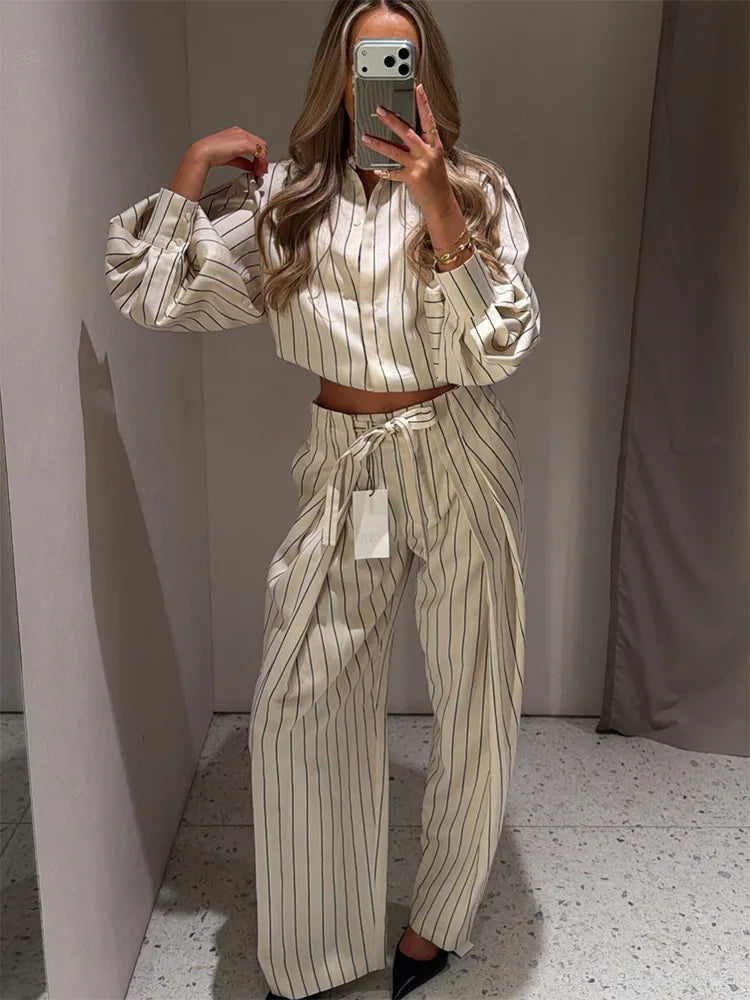 HH Women Spring New Fashion Vintage Versatile Beige Striped Puffy Sleeve Shirt+High Waisted Loose Pleated Casual Long Pants Set