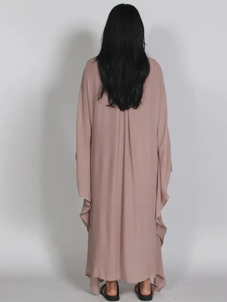 Maxi Dress Women's Dresses Batwing Sleeve Beige Ruffle Tie Neck Pleated Oversized Woman Clothes Casual Wear Summer Outfit
