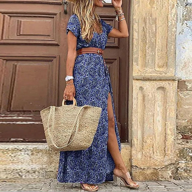 2024 Summer Bohemian Women's Long Dress V Neck Short Sleeve Floral Printed Beach Elegant Vintage Dress with Belt