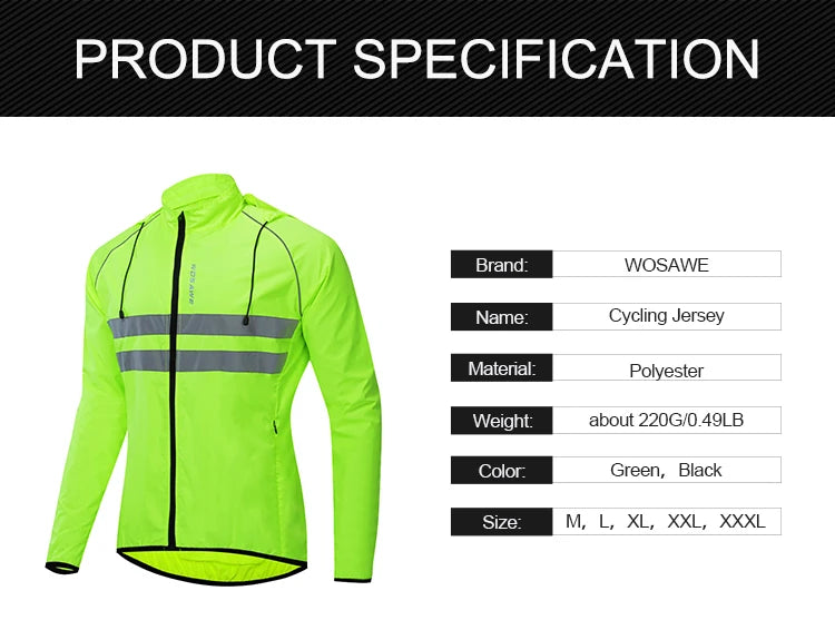WOSAWE Cycling Windbreaker Men Packable Windproof Reflevtive Jacket Running Biking Hiking Riding Wind Coat MTB Bicycle Jersey