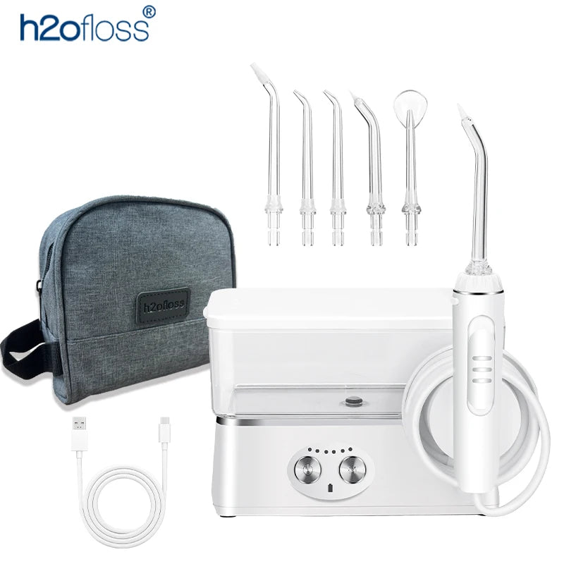 H2ofloss Water Flosser Portable Oral Irrigator 570ml 140PSI High Pressure 6 Modes 5 Nozzles with Storage Bag USB Rechargeable