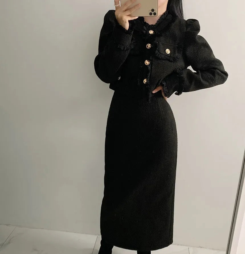 Beige Tweed Jacket + High Waisted Skirts Women Winter  Golden Button 2 Piece Sets Wool Luxury Vintage Skirts Sets Autumn