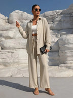 Plus Size Casual Loose Two-Piece Set Wide Leg Pants Long Sleeve Shirt Light Beige Street Style Elegant Quality Polyester Summ...