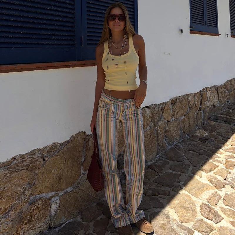 MUJER Striped Baggy Jeans Woman Low Rise Wide Leg Jeans Pants for Women New Boyfriend Jeans Women Straight Women's Denim Pants