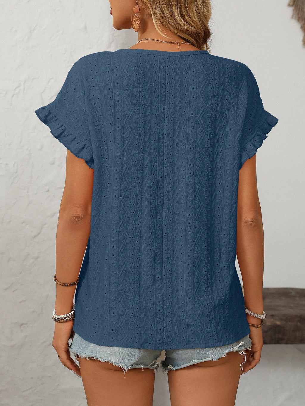 Solid Casual Loose Blouses For Women Fashion 2025 Summer Women's Hollow Short Sleeve Shirts And Blouses Elegant Female Blue Tops