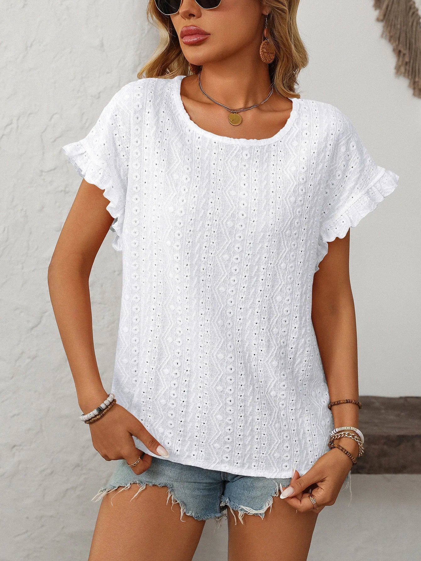 Solid Casual Loose Blouses For Women Fashion 2025 Summer Women's Hollow Short Sleeve Shirts And Blouses Elegant Female Blue Tops
