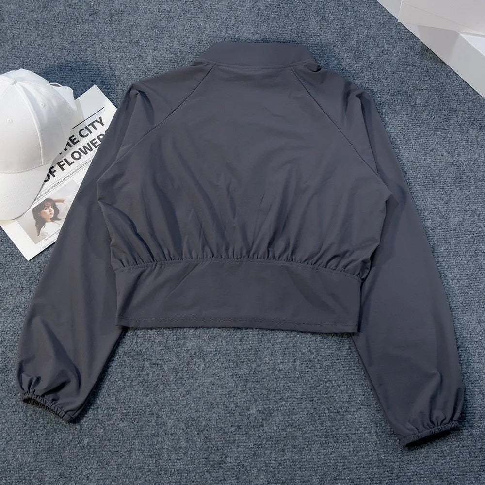 Yoga Wear American Style Sports Windproof Stand Collar Sun Protection Jacket Breathable Top Outdoor Quick-Dry Short Zipper Women