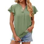 New Women V-Neck Loose Pullover Chiffon Shirts Elegant Fashion Solid Color Ruffles Female Blouse Summer Casual Short Sleeve Tops
