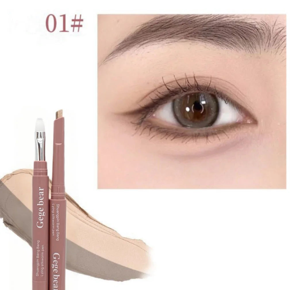 Double Ended Lying Silkworm Pencil 2 in1 Highlighter Nude Lower Eyelid Contour Aegyo-sal Eyeliner Makeup Stick with Detail Brush