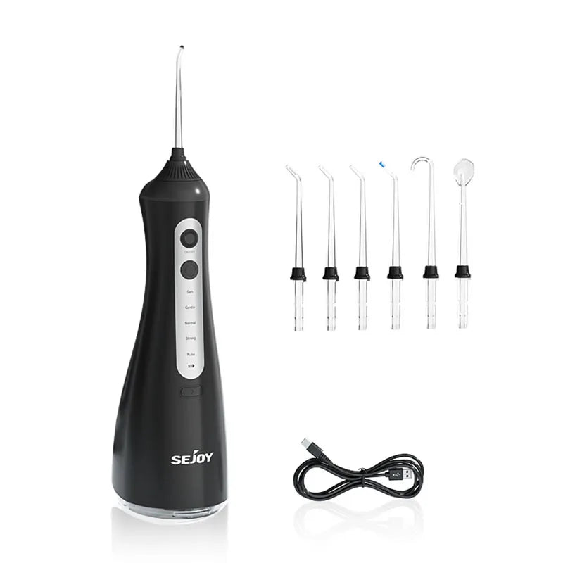 SEJOY Portable Electric Water Flosser Irrigator Dental Teeth Whitening strips 350ML Tank 5 Modes 5 Jet Tips For Home Travel