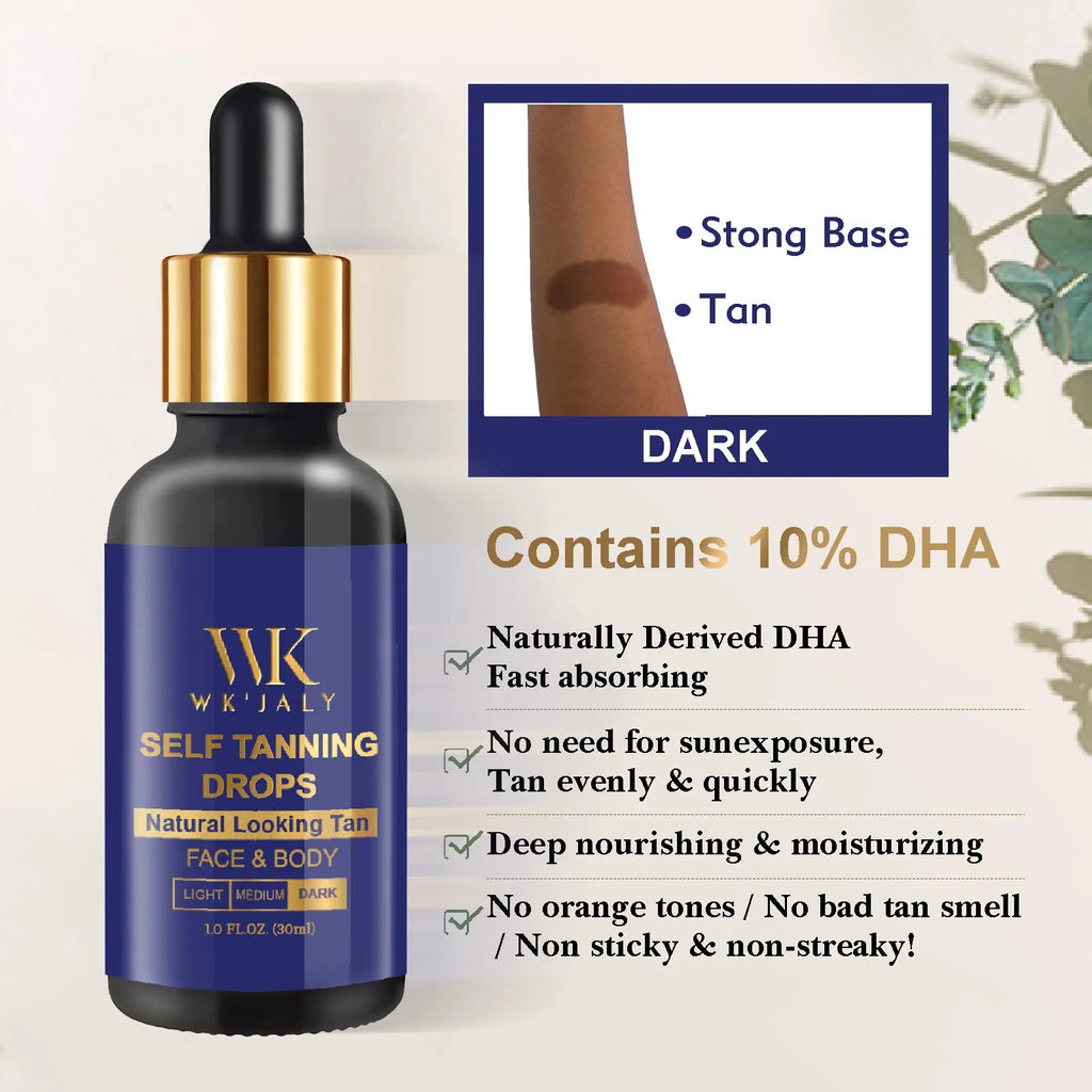 WK JALY Dark Self Tan Drops, Natural Self Tanner, Face & Body Glow with DHA, Carrot Oil, Aloe, Buildable, Streak Free Tan, Vegan