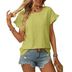 Solid Casual Loose Blouses For Women Fashion 2025 Summer Women's Hollow Short Sleeve Shirts And Blouses Elegant Female Blue Tops
