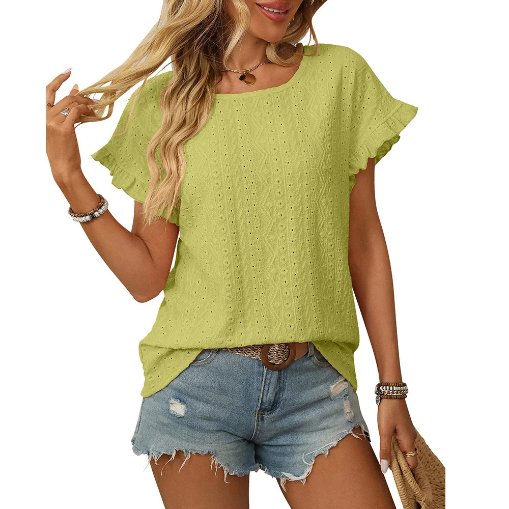 Solid Casual Loose Blouses For Women Fashion 2025 Summer Women's Hollow Short Sleeve Shirts And Blouses Elegant Female Blue Tops